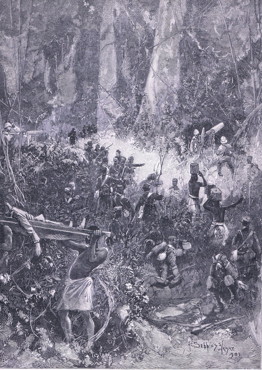 Wojna Ashanti 1900: Walka w lesie, ilustracja z Cassells History of England, 1900 autorstwa Henry Charles Seppings Wright