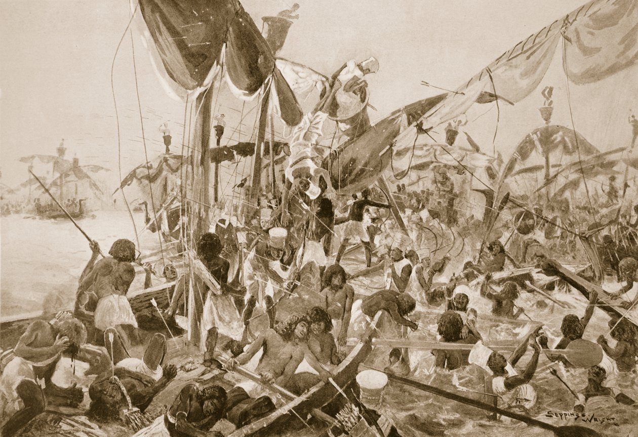 Bitwa morska w Pelusium, ilustracja z „Historia Narodów Hutchinsonów”, ok. 1910 r. autorstwa Henry Charles Seppings Wright