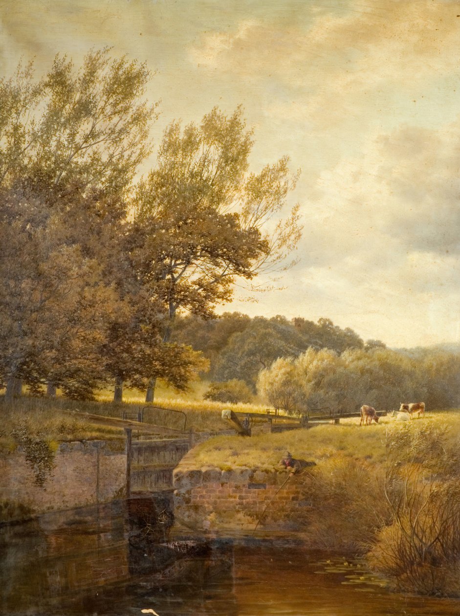 Zalesiony krajobraz z chłopcem łowiącym ryby w śluzie, 1931. autorstwa Henry Cheadle