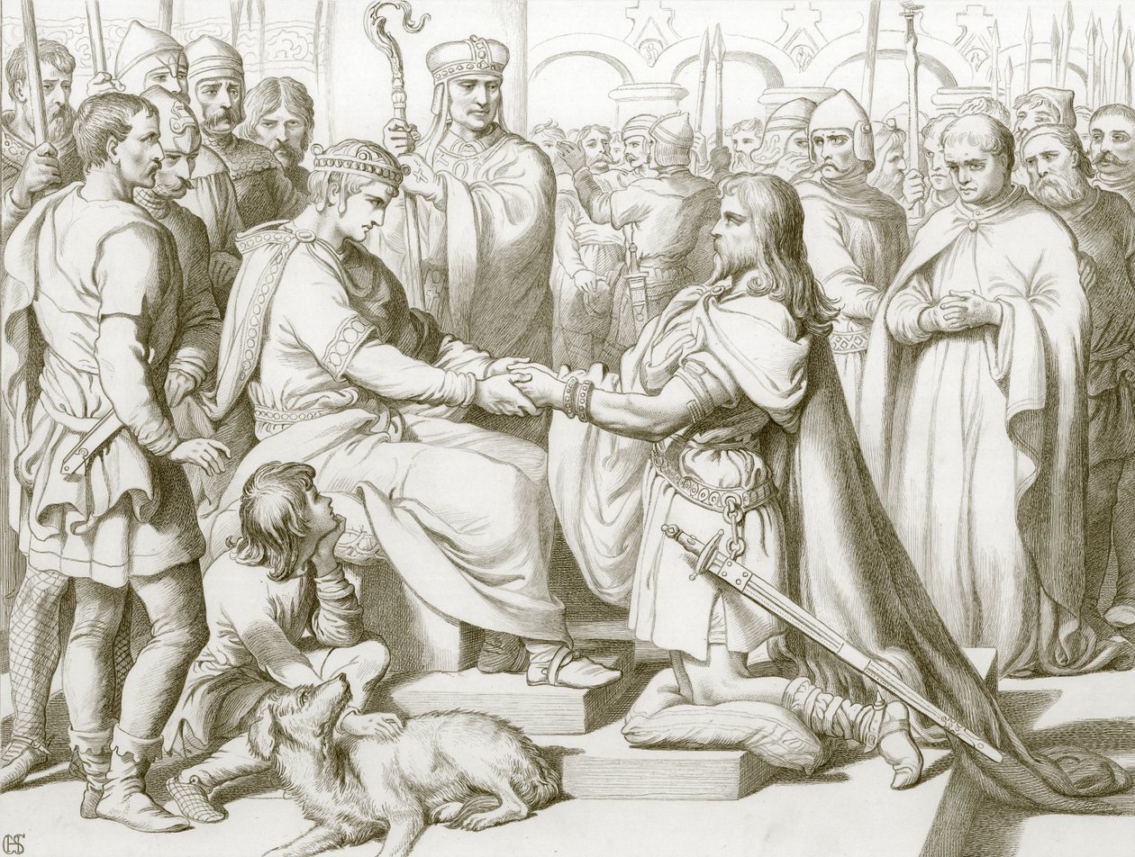Jak Hereward przybył do króla (rycina) autorstwa Henry Courtney (after) Selous