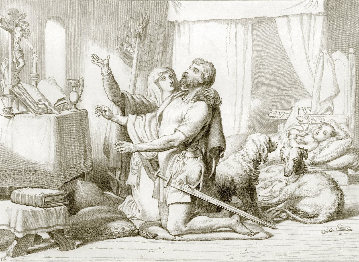 Jak Torfrida uczy Herewarda modlitwy (grawerunek) autorstwa Henry Courtney (after) Selous