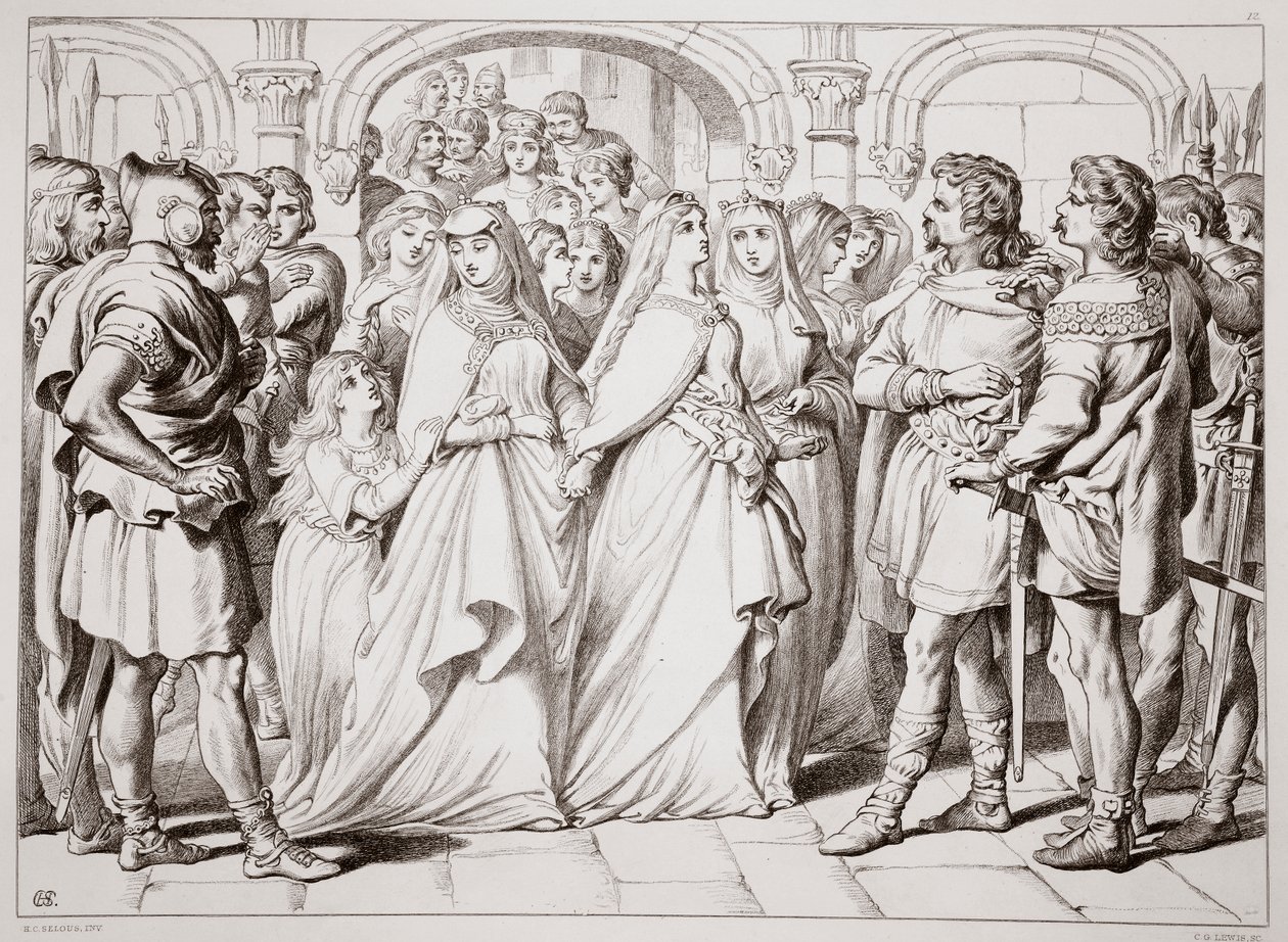 Alftruda rozpoznaje Hereward, ilustracja z Hereward the Great Charlesa Kingsleya, wyd. 1870, grawerowane przez C.G. Lewis (grawerowanie blachy stalowej) autorstwa Henry Courtney Selous