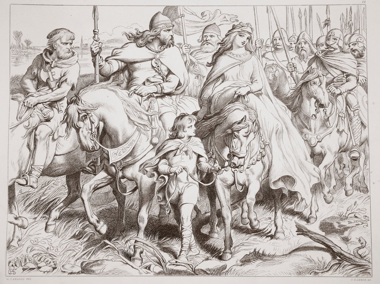 Hereward pilnuje Alftrudy w bezpieczne miejsce, ilustracja z Hereward the Great autorstwa Charlesa Kingsleya, wyd. 1870, grawerowane przez C.G. Lewis (grawerowanie blachy stalowej) autorstwa Henry Courtney Selous