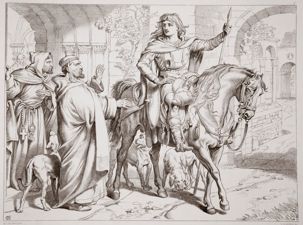Hereward informuje swojego wuja przeora, że wkrótce zostanie wyjęty spod prawa, ilustracja z Hereward the Great Charlesa Kingsleya, wyd. 1870, grawerowane przez C.G. Lewis (grawerowanie blachy stalowej) autorstwa Henry Courtney Selous