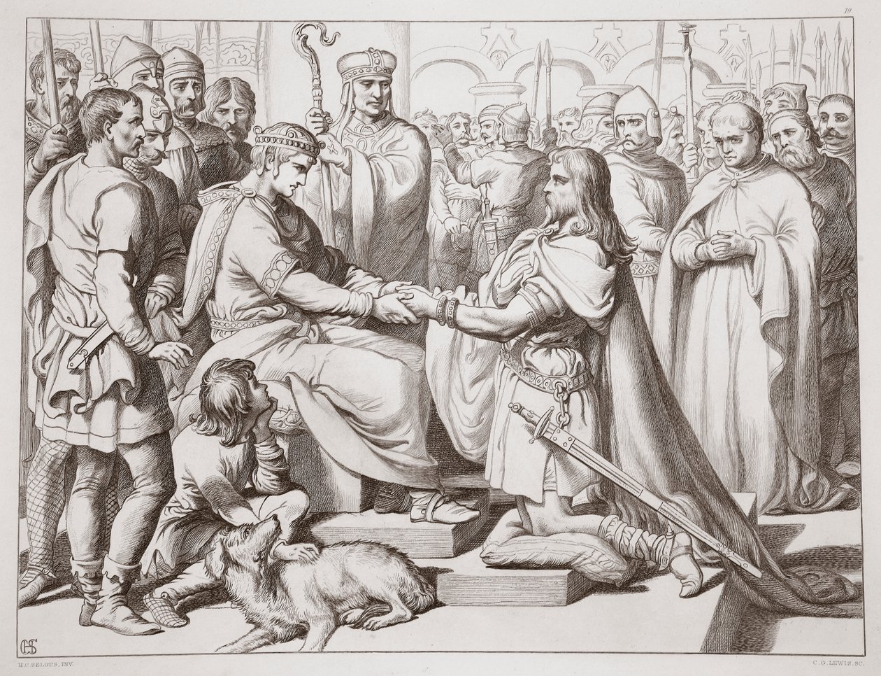 Jak Hereward wszedł do króla, ilustracja z Hereward the Great Charlesa Kingsleya, wyd. 1870, grawerowane przez C.G. Lewis (grawerowanie blachy stalowej) autorstwa Henry Courtney Selous