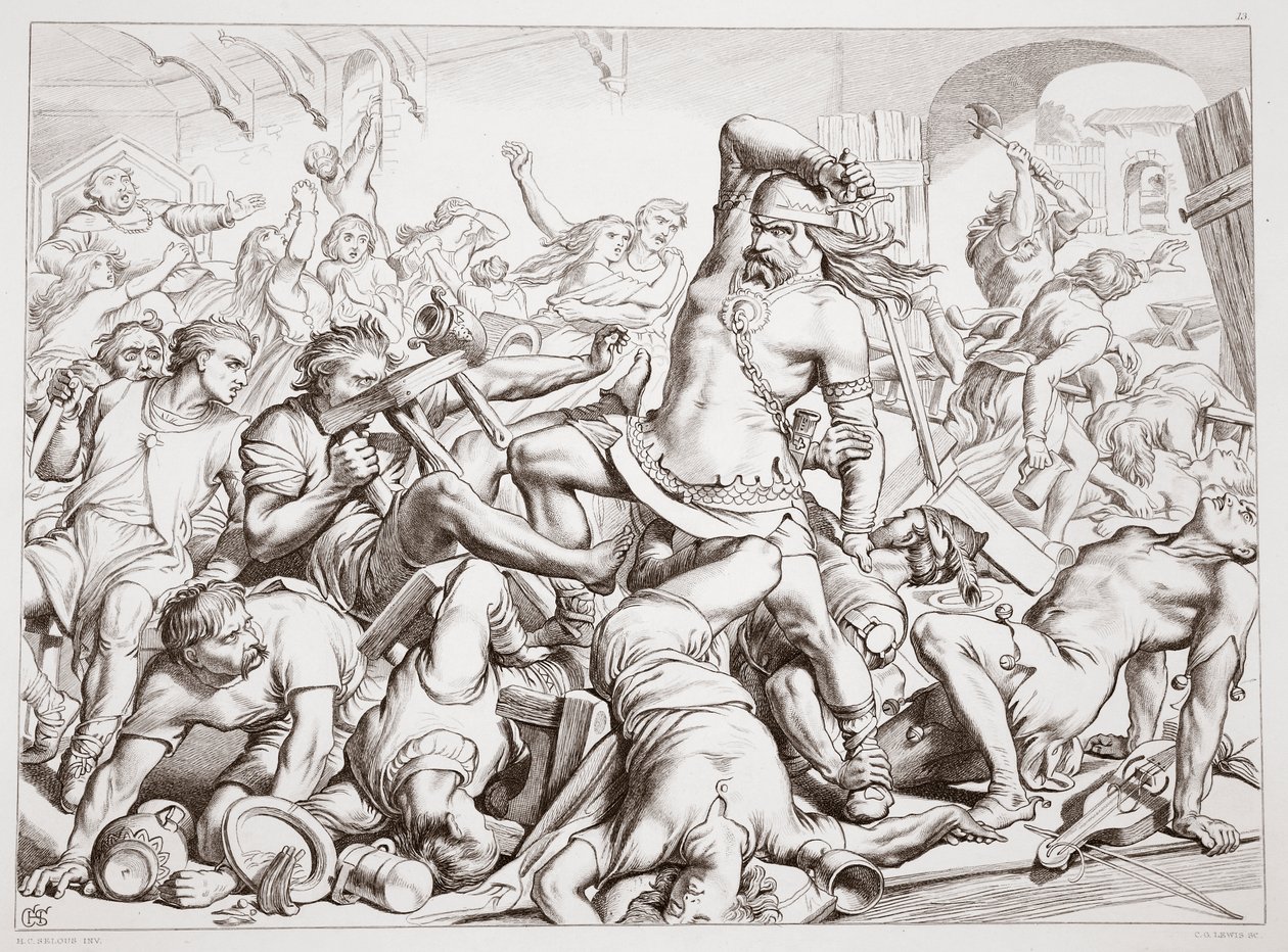 How Hereward cleared Bourne of Frenchmen, ilustracja z Hereward the Great przez Charles Kingsley, pub. 1870, rytował C.G. Lewis (staloryt) autorstwa Henry Courtney Selous