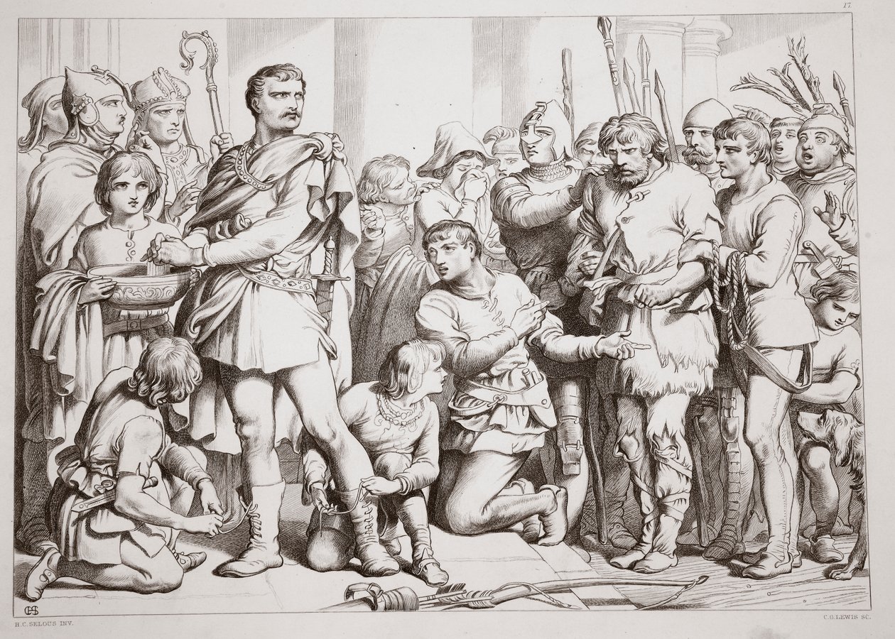 Jak Hereward grał garncarza i oszukiwał króla, ilustracja z Hereward the Great Charlesa Kingsleya, pub. 1870, grawerowane przez C.G. Lewis (grawerowanie blachy stalowej) autorstwa Henry Courtney Selous