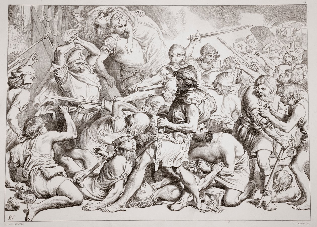 Jak Hereward ratuje Alftrudę, ilustracja z Hereward the Great Charlesa Kingsleya, wyd. 1870, grawerowane przez C.G. Lewis (grawerowanie blachy stalowej) autorstwa Henry Courtney Selous