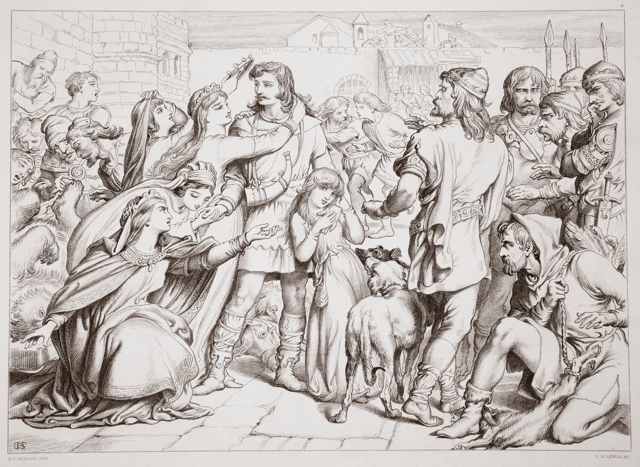 Jak Hereward zabił niedźwiedzia, ilustracja z Hereward the Great Charlesa Kingsleya, wyd. 1870, grawerowane przez C.G. Lewis (grawerowanie blachy stalowej) autorstwa Henry Courtney Selous