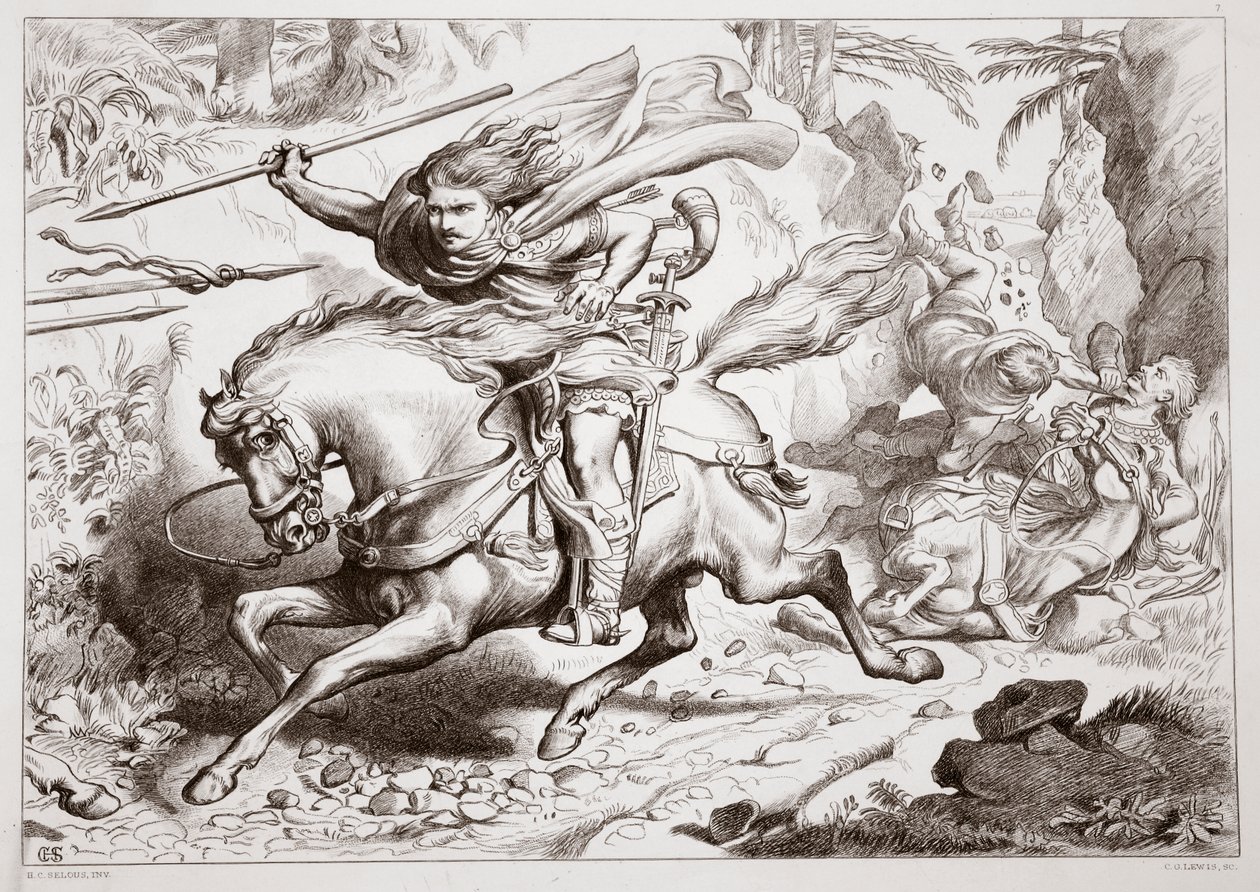 Jak Hereward został złapany w pułapkę, ilustracja z Hereward the Great Charlesa Kingsleya, wyd. 1870, grawerowane przez C.G. Lewis (grawerowanie blachy stalowej) autorstwa Henry Courtney Selous
