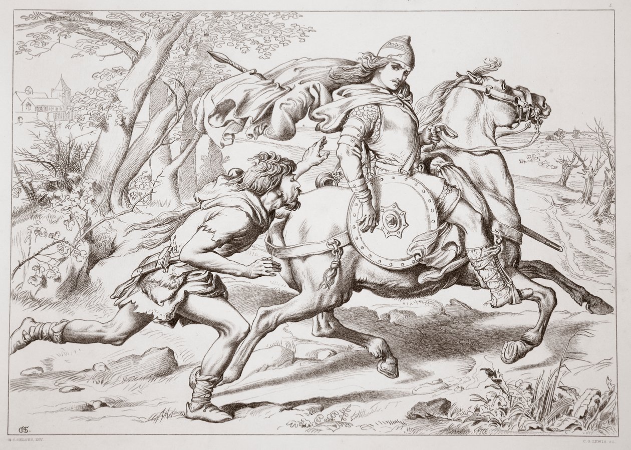 Jak Martin Lightfoot wyprzedza Hereward, ilustracja z Hereward the Great Charlesa Kingsleya, wyd. 1870, grawerowane przez C.G. Lewis (grawerowanie blachy stalowej) autorstwa Henry Courtney Selous