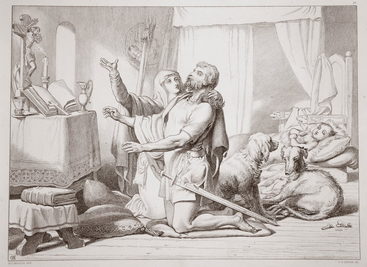 Jak Torfrida uczy Herewarda modlić się, ilustracja z Hereward the Great przez Charles Kingsley, pub. 1870, rytował C.G. Lewis (staloryt) autorstwa Henry Courtney Selous