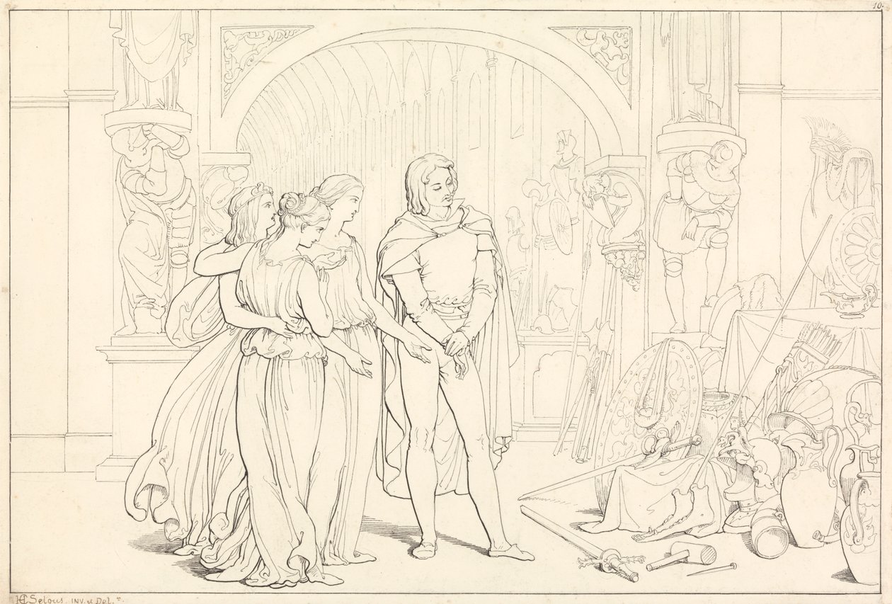 Ilustracja do Wędrówki pielgrzyma, 10. (Pielgrzym w zbrojowni) autorstwa Henry Courtney Selous