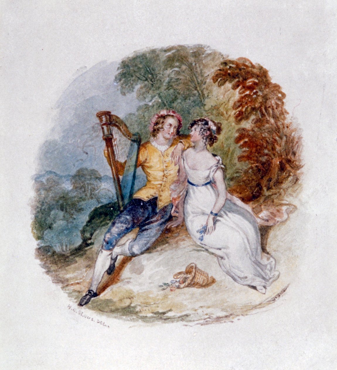 „Dwóch kochanków na brzegu z harfą”, XIX w. autorstwa Henry Courtney Selous