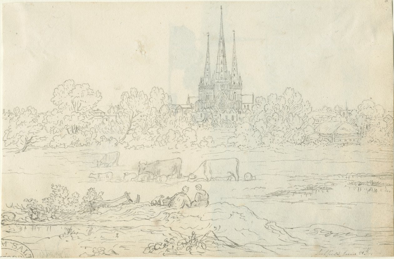Katedra w Lichfield - widok wschodni: rysunek piórem i tuszem, 20 czerwca [c 1820] (rysunek) autorstwa Henry Curzon Allport