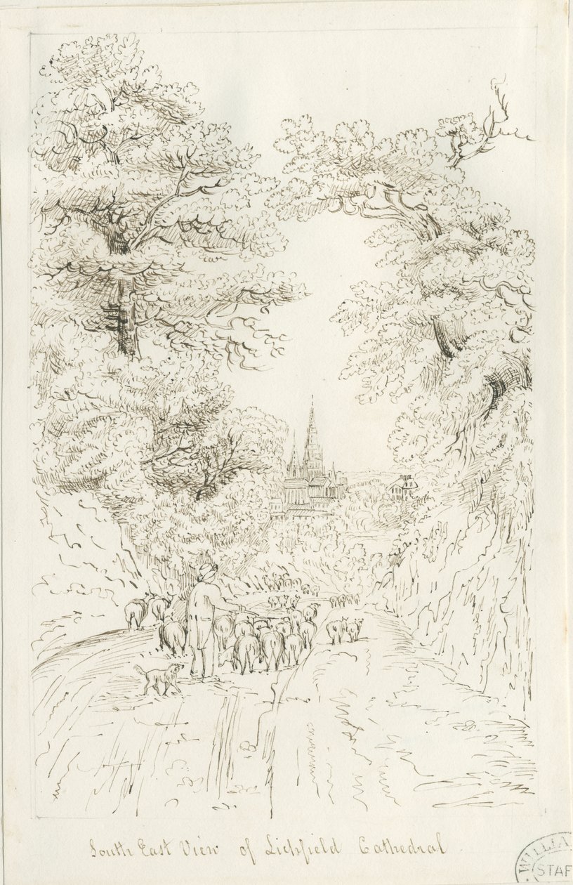 Katedra w Lichfield - widok na południowy wschód (odległy): rysunek piórem, nd [XIX wiek] (rysunek) autorstwa Henry Curzon Allport