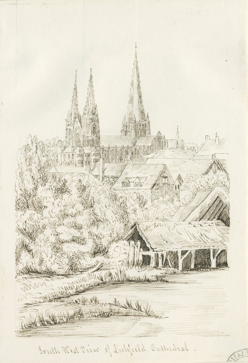 Katedra w Lichfield - South West Widok: rysunek piórkiem, nd [?1788-1855] (rysunek) autorstwa Henry Curzon Allport