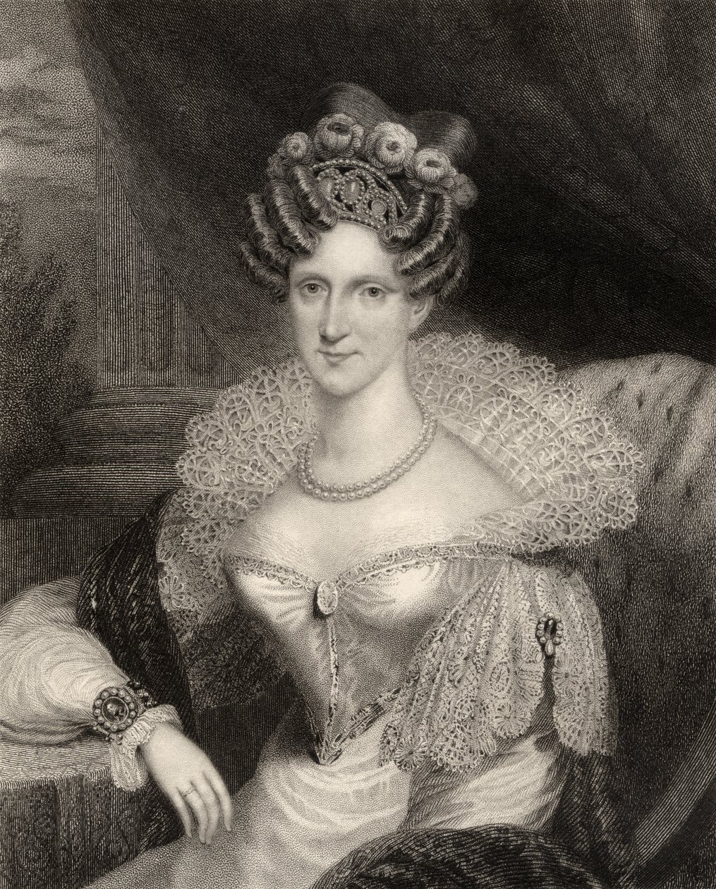 Księżniczka Adelajda Saxe-Coburg Meiningen, rycina H.R. Cooka (fl.1813-47), z "Narodowej Galerii Portretów, tom IV", wydana ok. 1835 autorstwa Henry Dawe