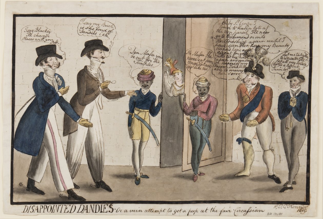 Rozczarowani Dandies: Lub daremna próba spojrzenia na jarmark czerkieski, 1819 (długopis, pędzel, atrament i toaleta na papierze) autorstwa Henry E. O. OConnor