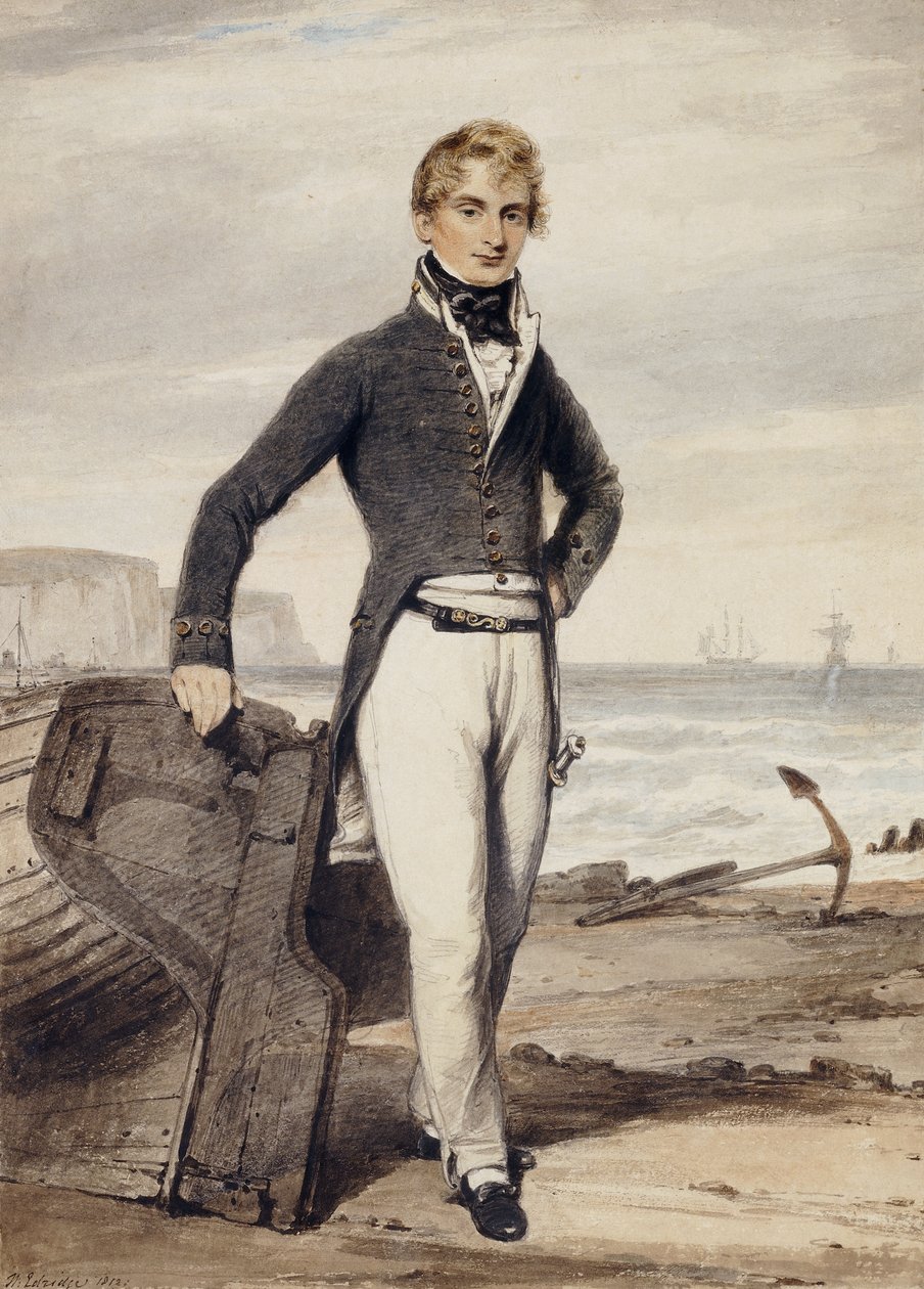 Portret Edwarda Pococka R.N., mały, pełnej długości, Stojący obok wyrzuconej na brzeg łodzi wiosłowej podczas odpływu, autorstwa Henry Edridge