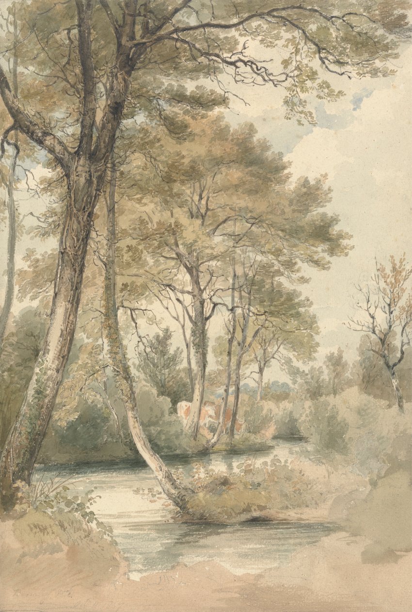 Strumień z drzewami i bydłem w pobliżu Bromley Hill w hrabstwie Kent autorstwa Henry Edridge