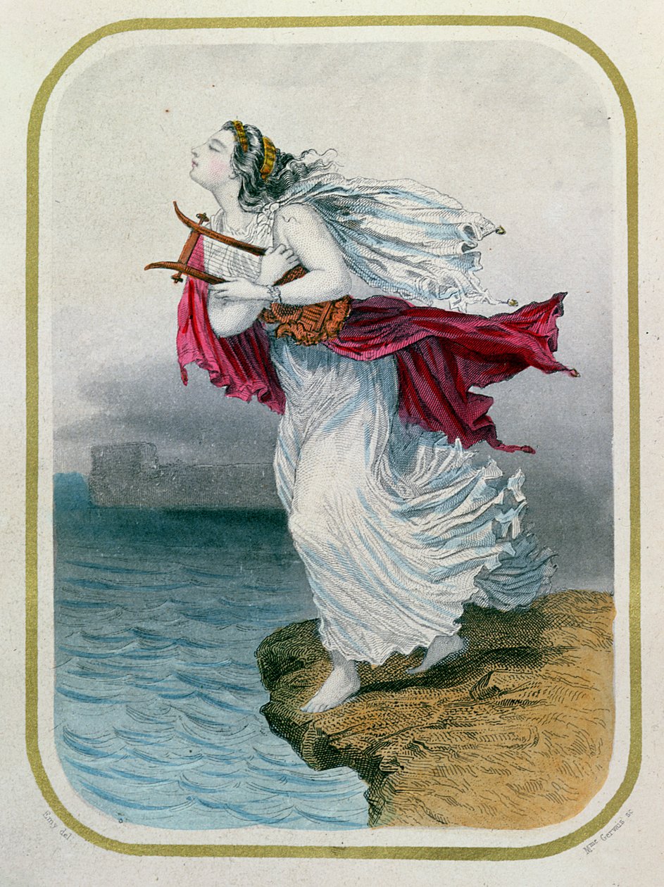 Poetka, Safona, rzucając się w morze, ryciny przez panią Gervais, 1849 autorstwa Henry Emy