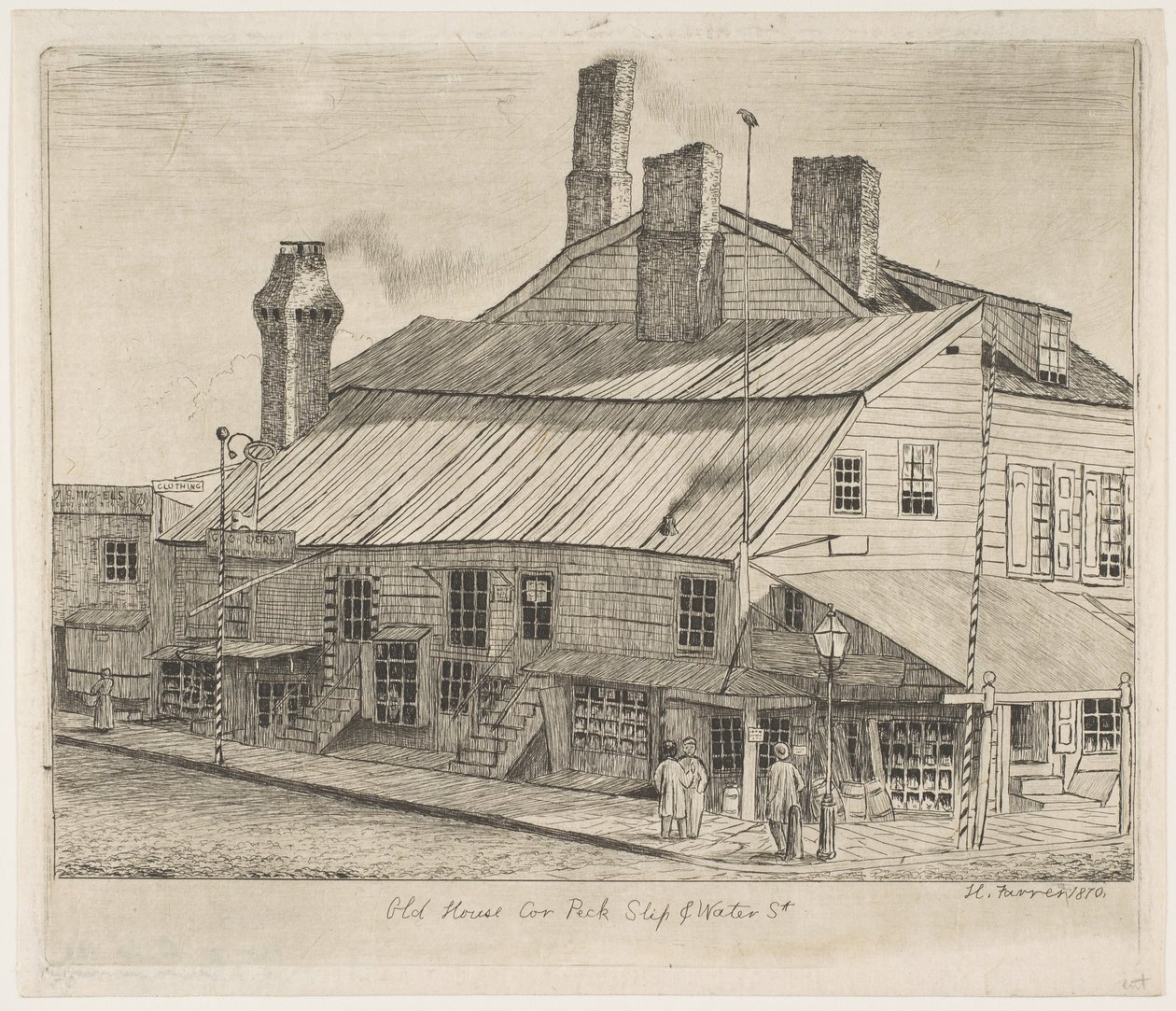 Old House, Corner of Peck Slip i Water Street ze scen Starego Nowego Jorku, 1870. autorstwa Henry Farrer