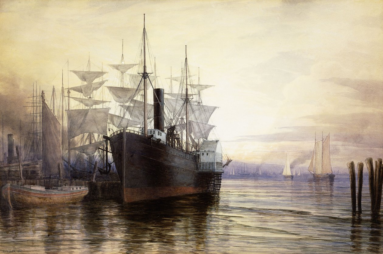 Zachód słońca, port w Nowym Jorku, 1880 autorstwa Henry Farrer