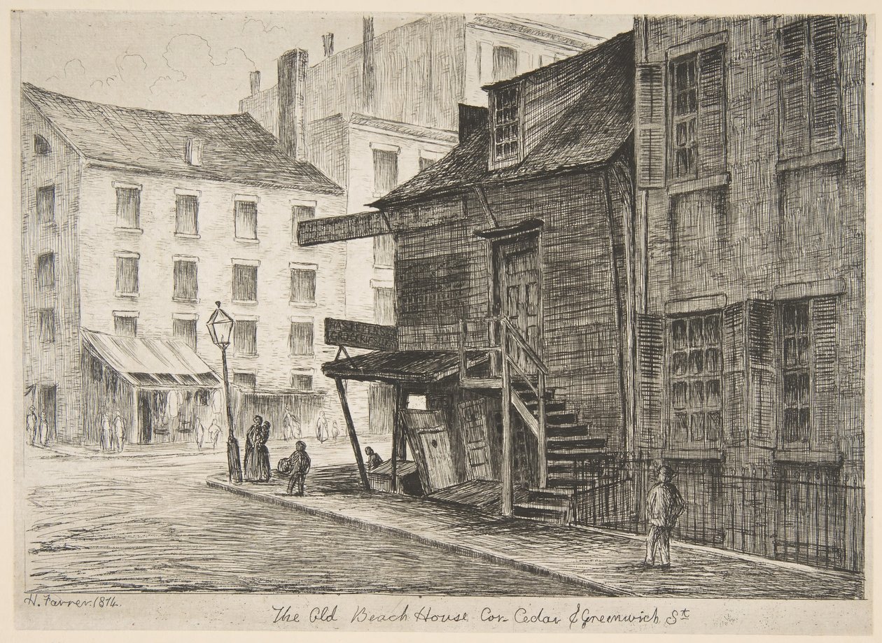 The Old Beach House, Corner of Cedar i Greenwich Streets ze scen Starego Nowego Jorku, 1874. autorstwa Henry Farrer
