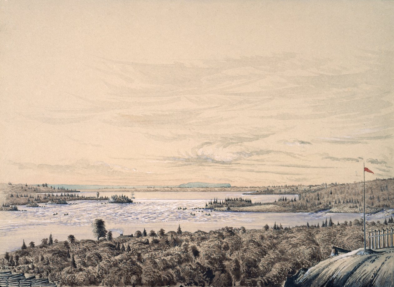 Sault de Ste. Marie między jeziorami Huron i Superior, 1842 (wc na papierze) autorstwa Henry Francis Ainslie