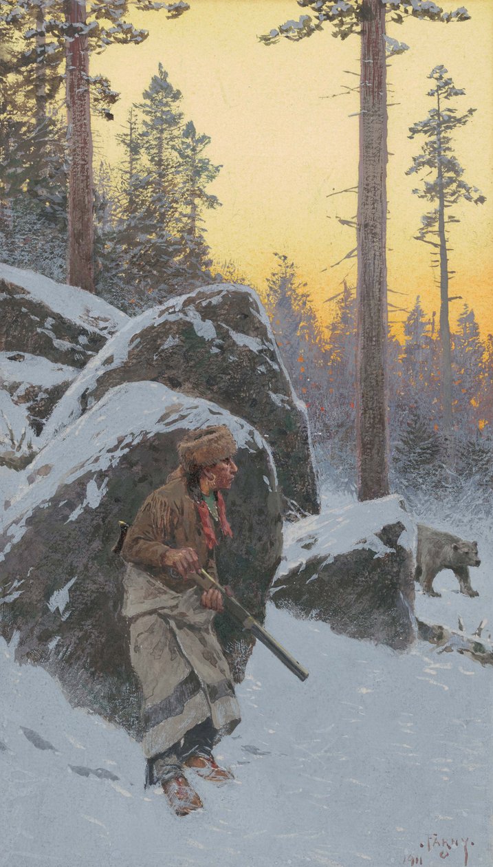 Indian Bear Hunter, 1911 (akwarela na papierze zamontowana na pokładzie) autorstwa Henry Francois Farny