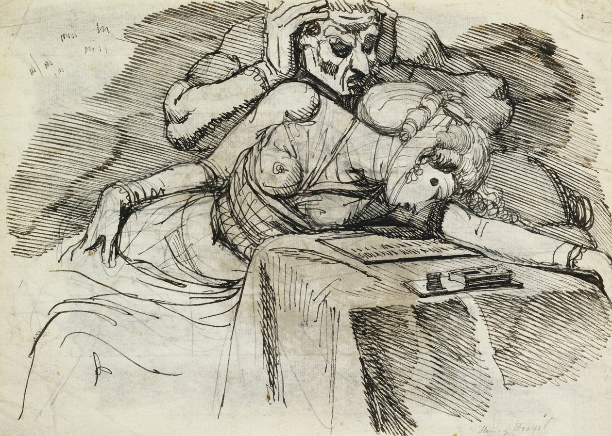 Kobieta mdlejąca przy biurku z groźną postacią z tyłu autorstwa Johann Heinrich Füssli
