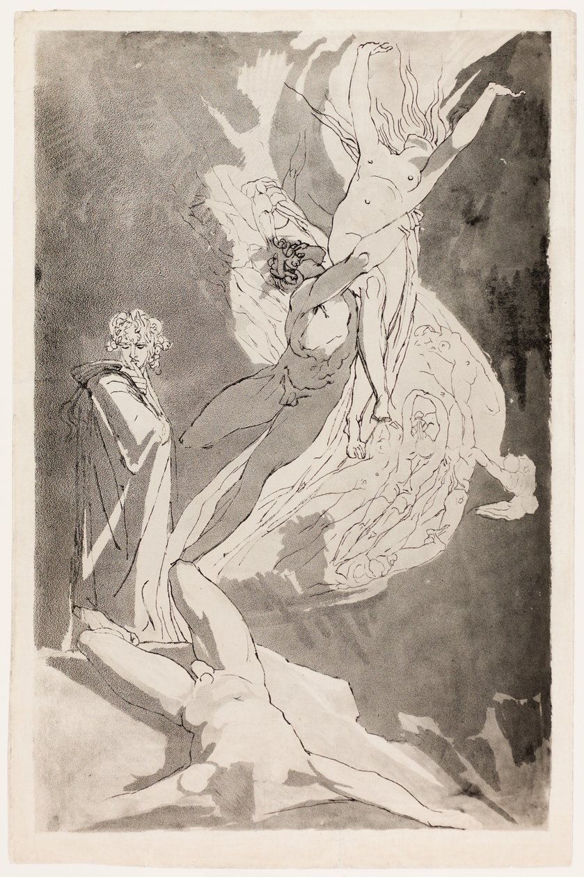 Dante Swoons przed szybującymi duszami Paolo i Franceski, Wergiliusz u jego boku autorstwa Johann Heinrich Füssli