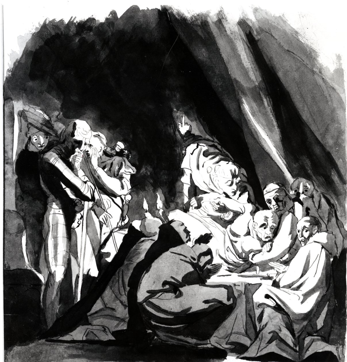 Śmierć kardynała Beauforta, ilustracja z „Henryk VI” Szekspira, 1772 (pióro, tusz i pranie na papierze) autorstwa Johann Heinrich Füssli