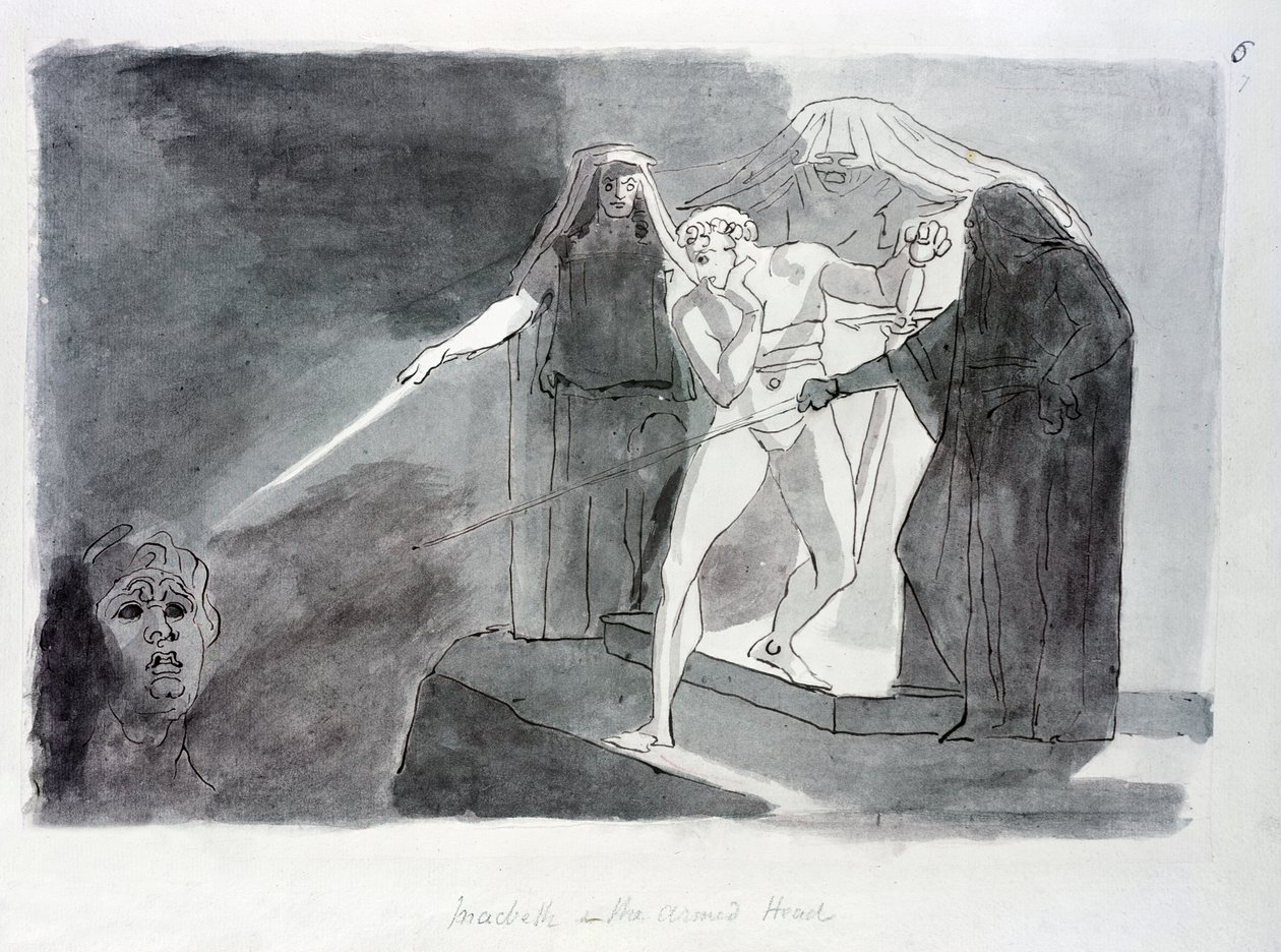 Makbet i uzbrojona głowa (pióro i pranie na papierze) autorstwa Johann Heinrich Füssli