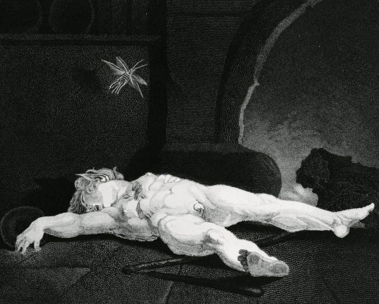 Puck śpiący przed paleniskiem wiejskim, grawerowany przez Mosesa Haughtona Jr. autorstwa Johann Heinrich Füssli