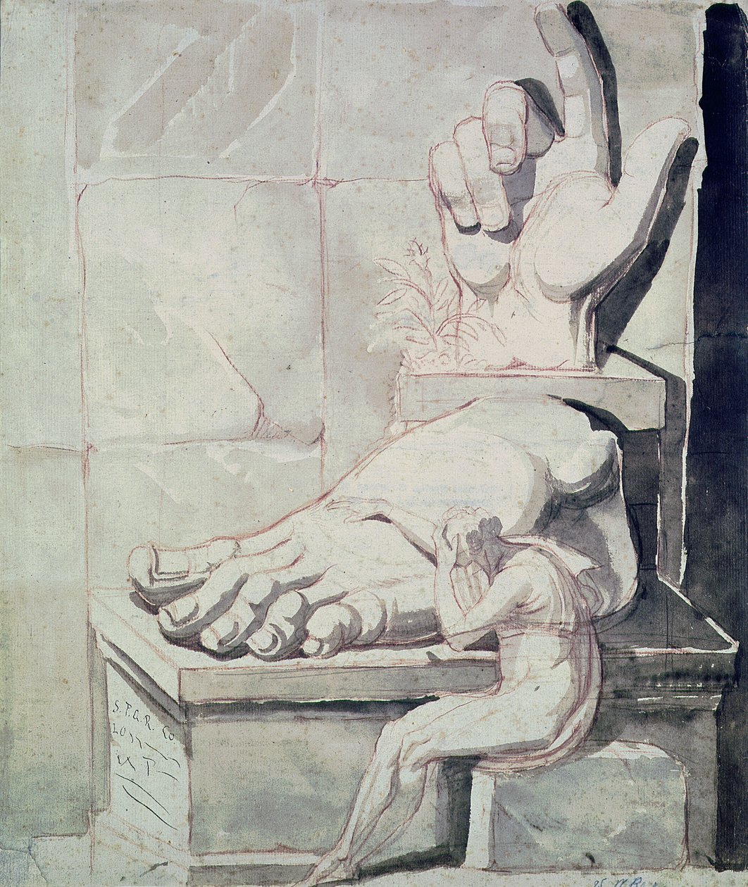 Artysta w rozpaczy nad wielkością antycznych fragmentów (prawa ręka i lewa stopa Kolosa Konstantyna) 177880 (czerwona kreda i sepia na papierze) autorstwa Johann Heinrich Füssli