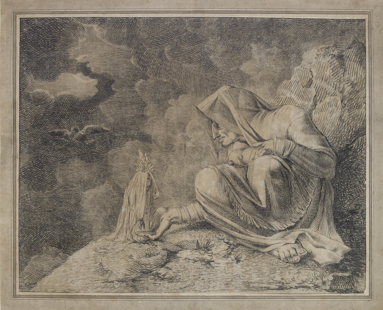 Czarownica i mandragora, XVIII w. (ołówek i wc na papierze) autorstwa Johann Heinrich Füssli