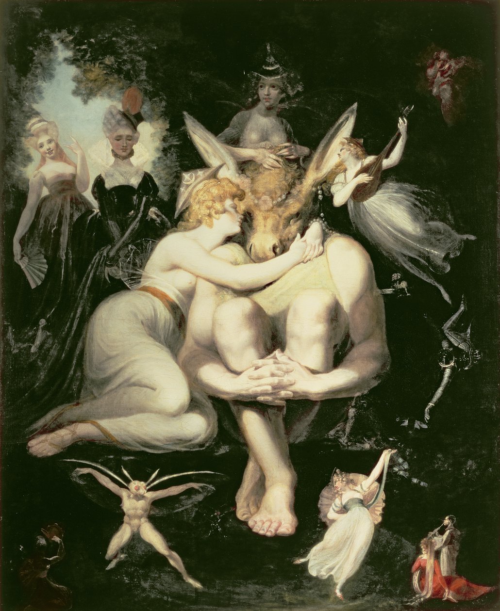 Titania Awakes, Otoczona przez Attendant Fairies, kurczowo czepia się Dna, wciąż nosząc Głowę Osiołka, 1793-4 autorstwa Johann Heinrich Füssli