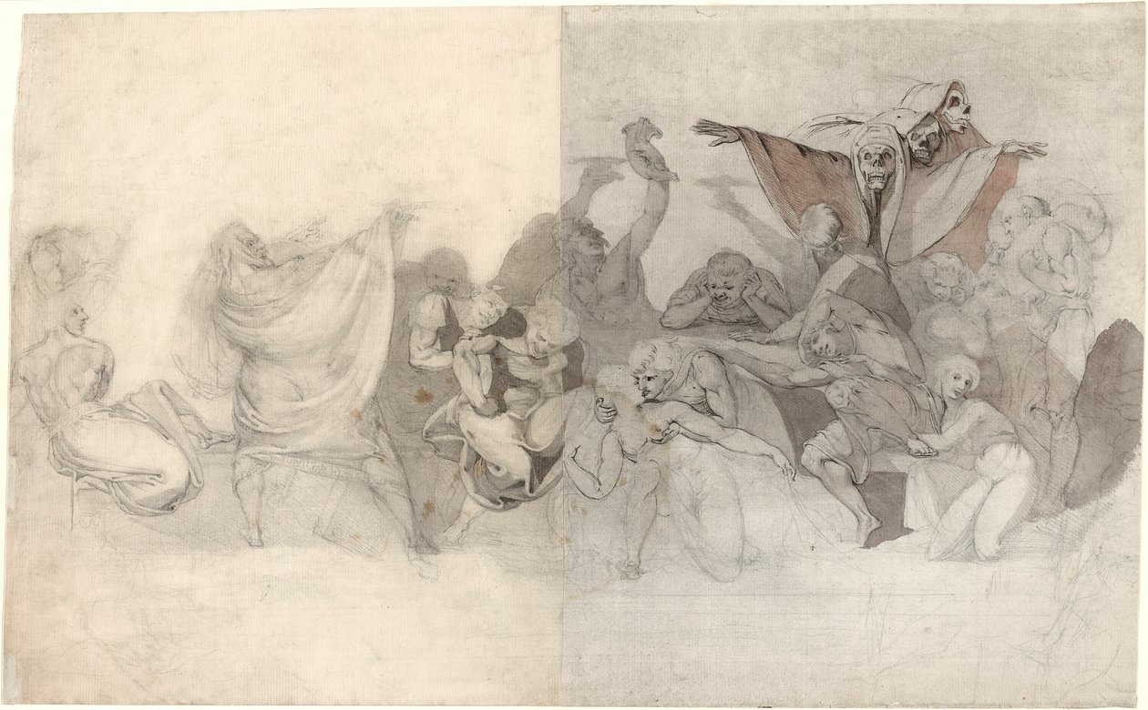 Triumf Śmierci: Trzy Szkielety Najeżdżające Bacchanal zaaranżowane przez Maga lub Złego Demona autorstwa Johann Heinrich Füssli