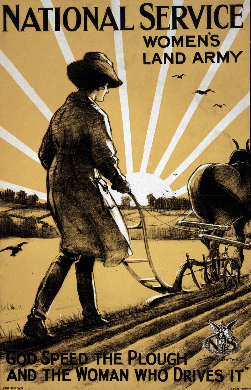 I wojna światowa: „Młoda kobieta orka”” plakat propagandowy dla kobiecej armii lądowej 1917 Ilustracja Henry George Gawthorn (1879-1941) DR autorstwa Henry George Gawthorn