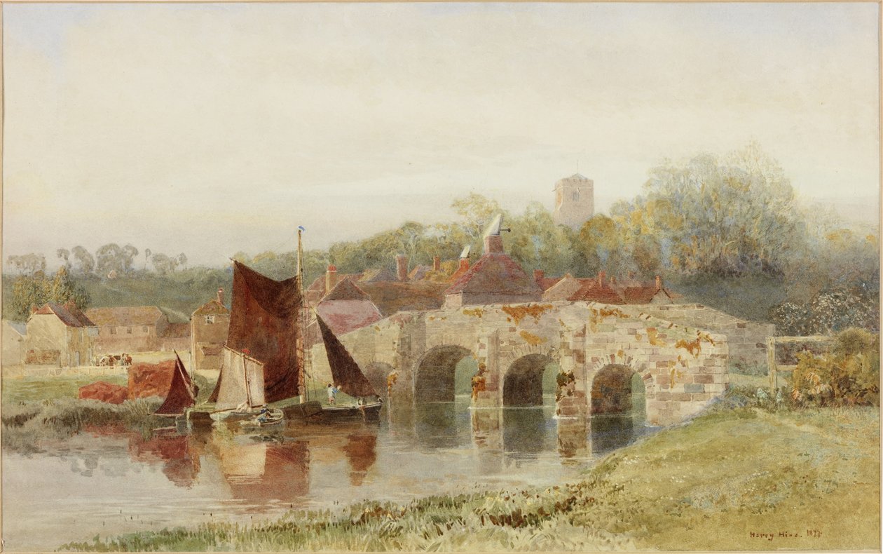 Wioska z mostem (akwarela na papierze) autorstwa Henry George Hine
