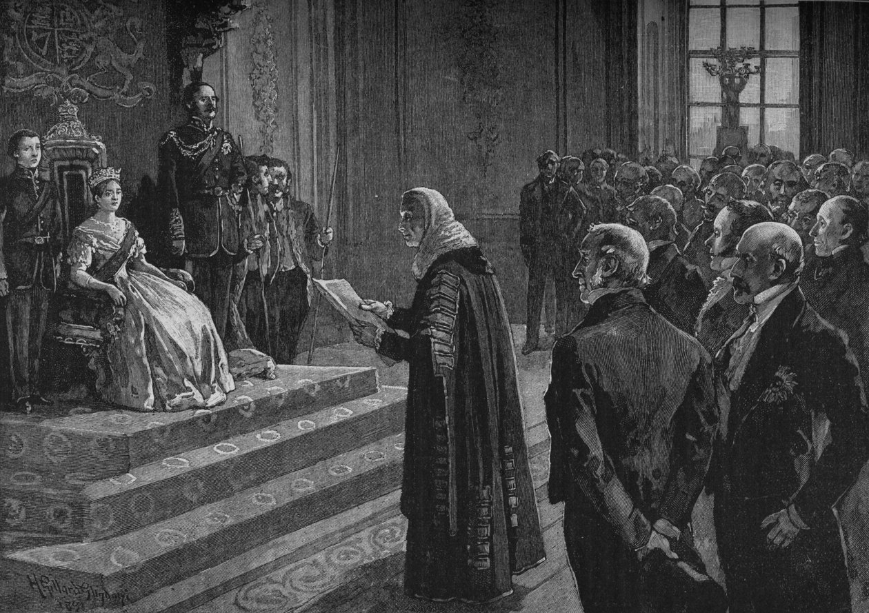Pares and Commoners wygłaszający patriotyczne przemówienie do królowej w przeddzień wojny krymskiej, 1891 autorstwa Henry Gillard Glindoni