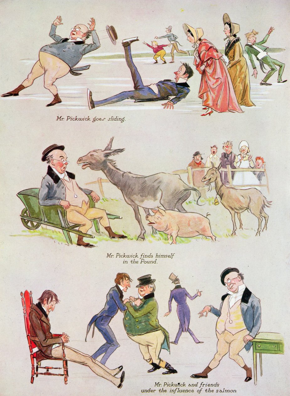 Karykatury pana Pickwicka z „Liści ostrokrzewu”, Numer bożonarodzeniowy Ilustrowanych Wiadomości Sportowych i Dramatycznych, 1934 (litografia kolorowa) autorstwa Henry Harris