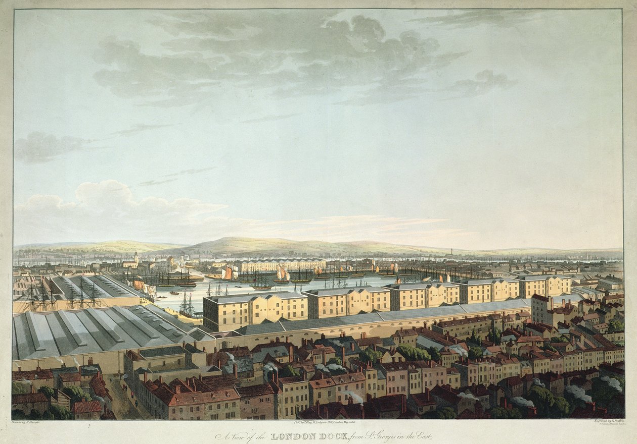 Widok na londyński dok z St. Georges-in-the-East, grawerowane przez Daniela Havell, wyd. T. Clay, 1816 (akwatinta) autorstwa Henry Haseler