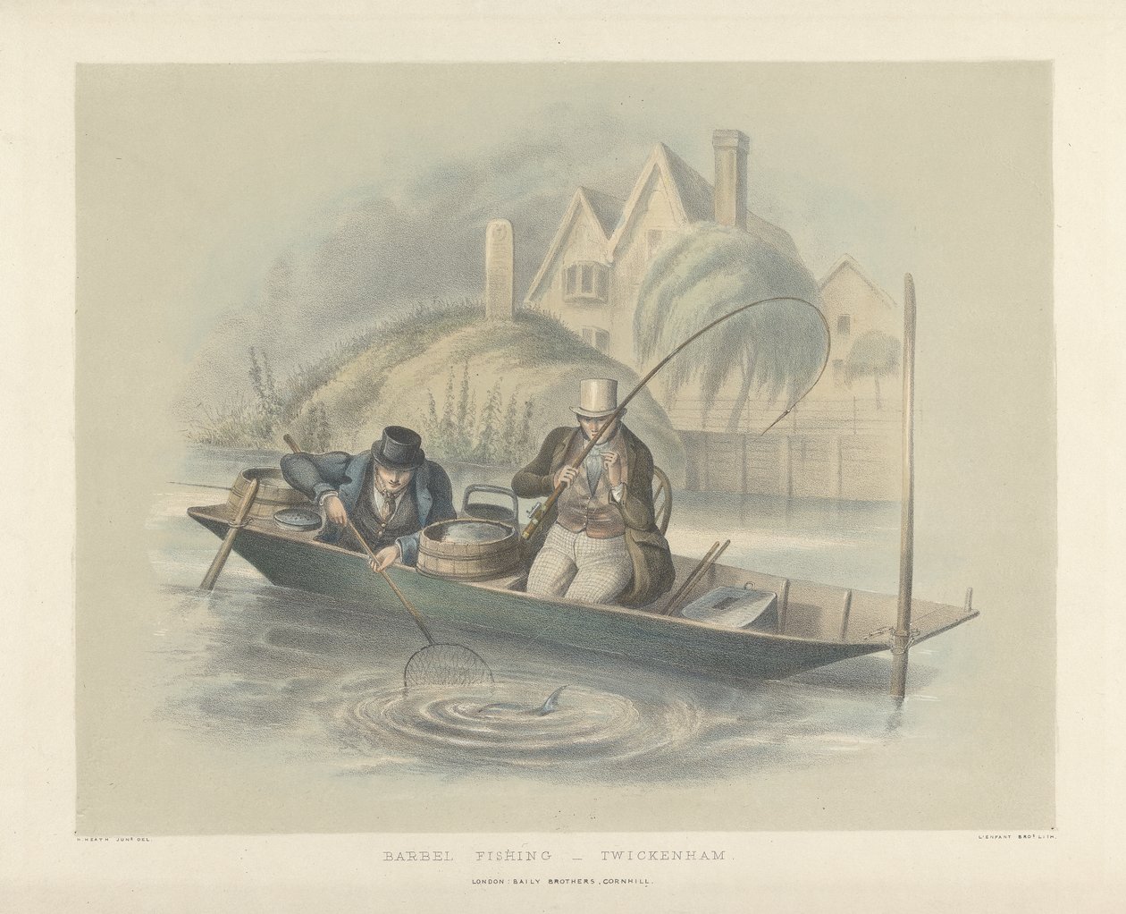 Barbel Fishing, Twickenham, z zestawu sześciu obrazów wędkarstwa (lito ręcznie kolorowane) autorstwa Henry Heath
