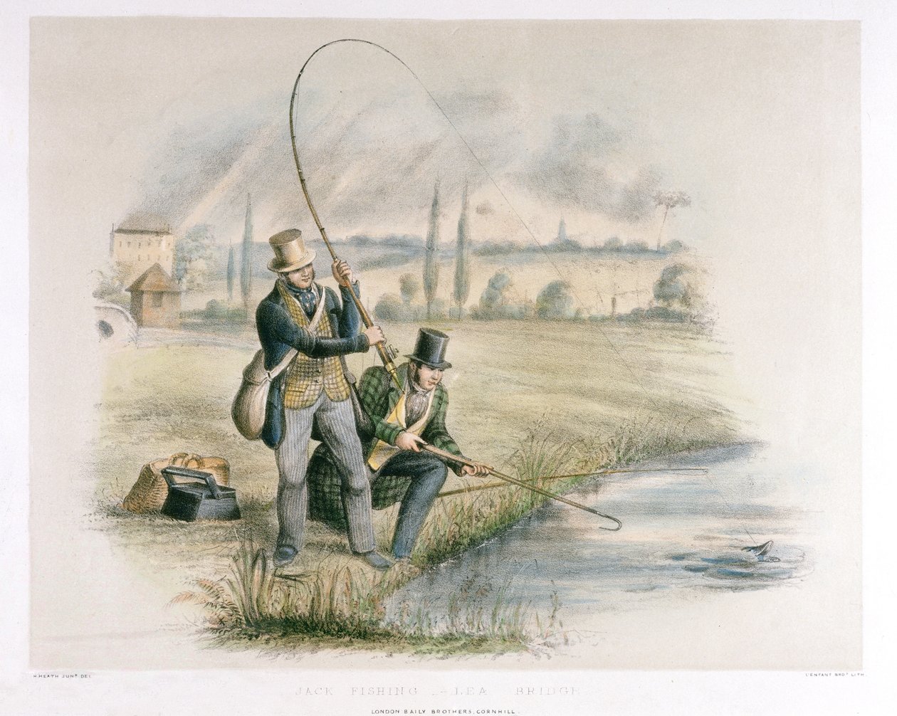 Jack Fishing, Lea Bridge, z zestawu sześciu obrazów „Wędkarstwo” (litografia ręcznie kolorowana) autorstwa Henry Heath