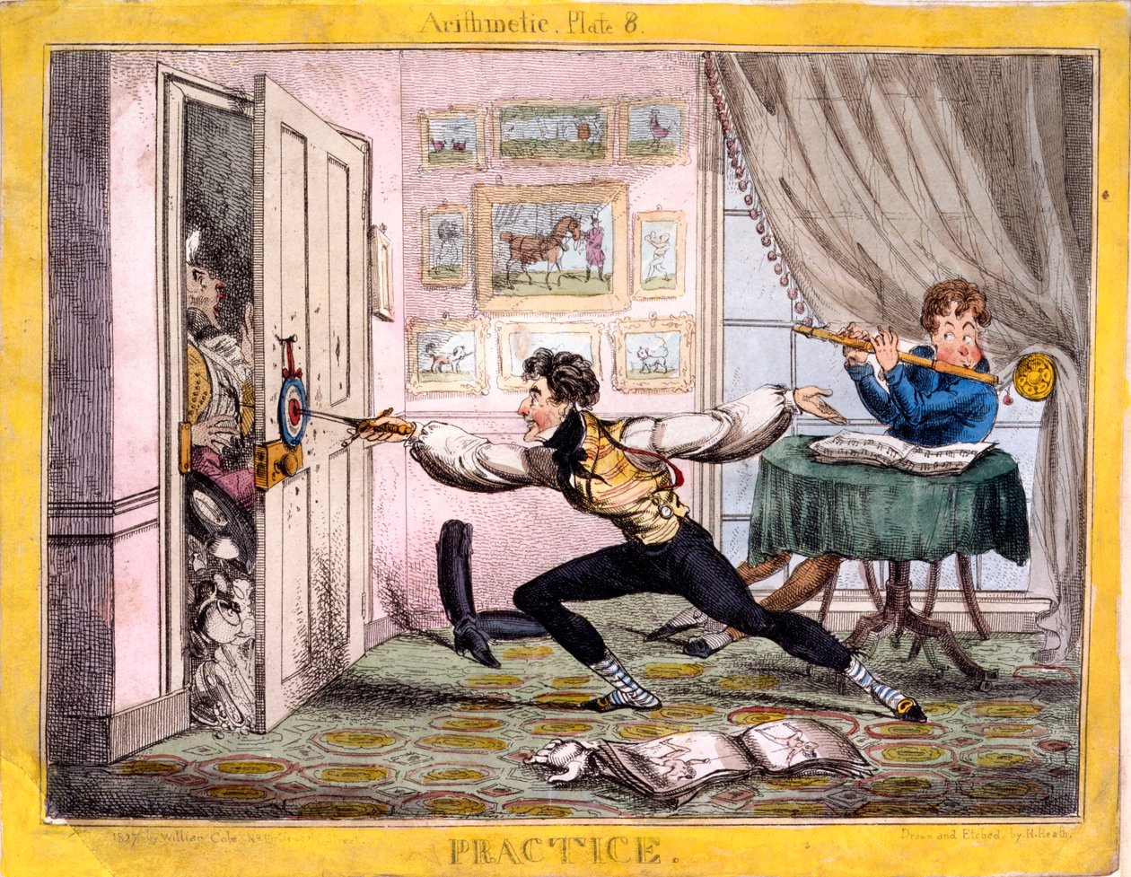 Praktyka, 1827 (akwaforta ręcznie kolorowana) autorstwa Henry Heath