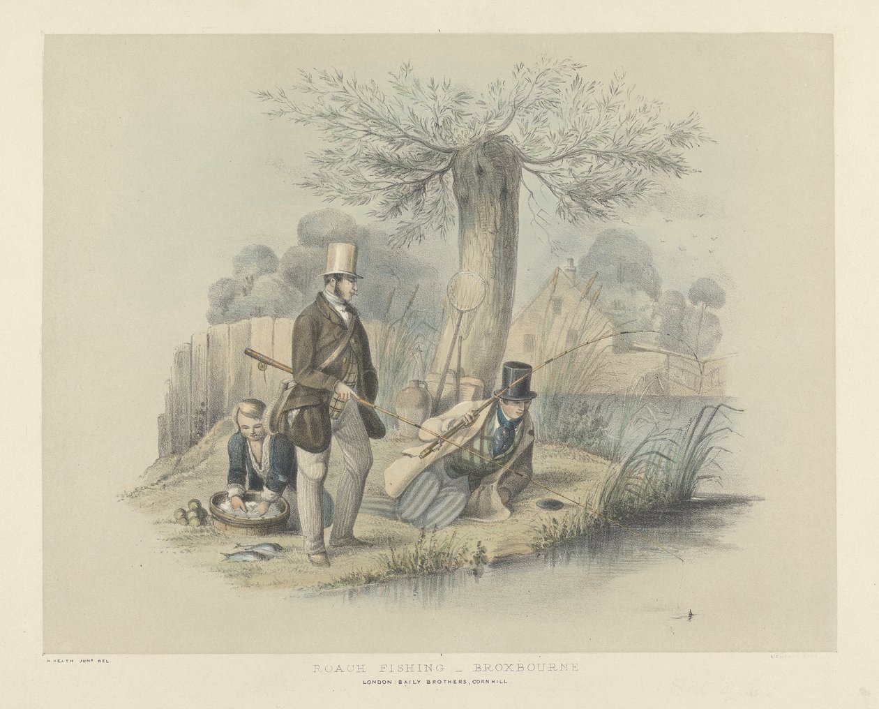 Łowienie płoci, Broxbourne, z zestawu sześciu obrazów wędkarstwa (ręcznie kolorowana litho) autorstwa Henry Heath