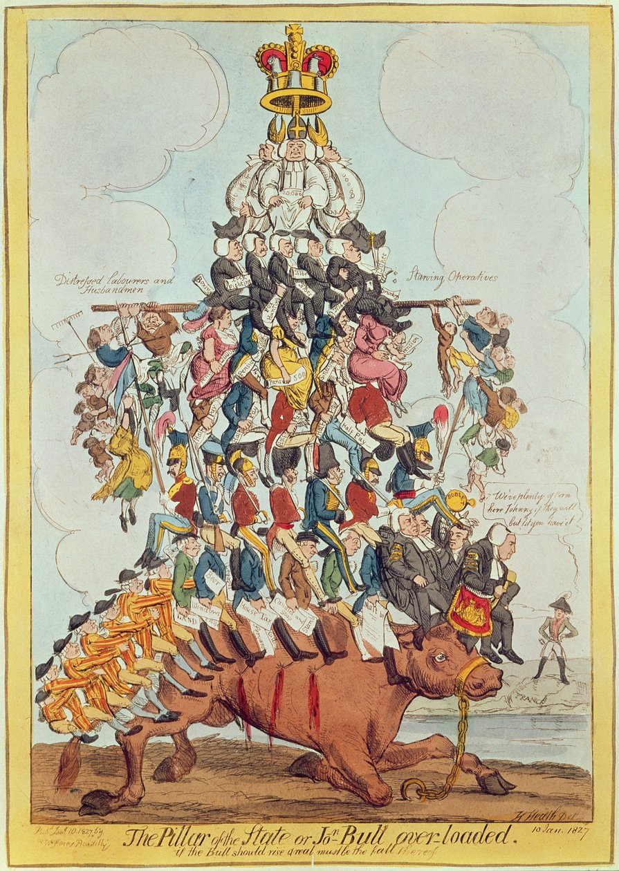 Filar państwa, czyli John Bull Overloaded, po Cruikshank w 1819, 1827 (patrz 22565) autorstwa Henry Heath
